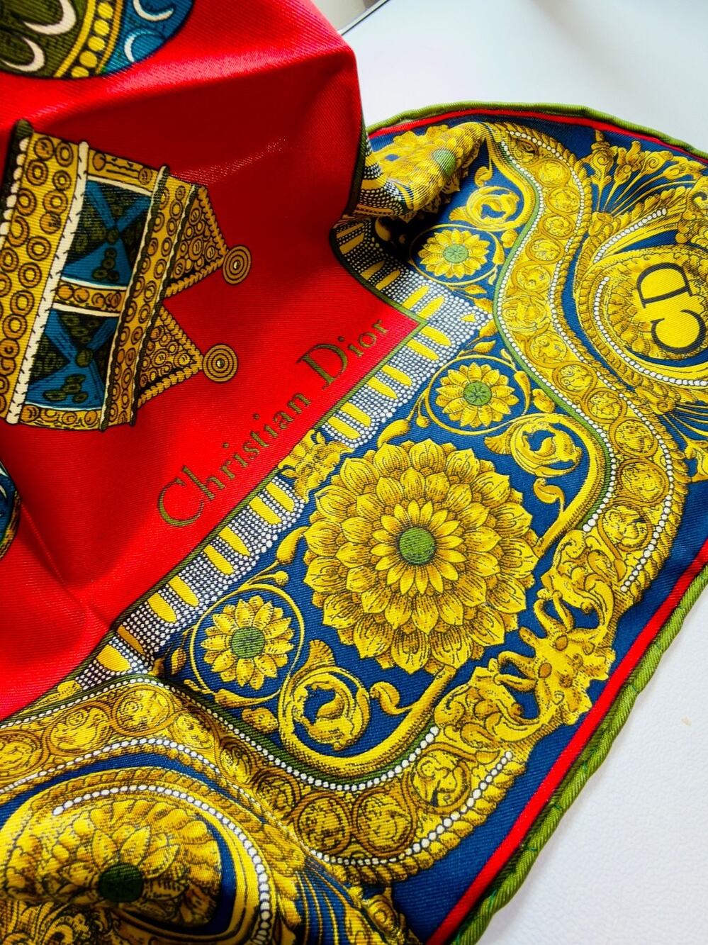 Vintage Christian Dior Silk Scarf Baroque Sunflower Floral Red Blue Gold Italy